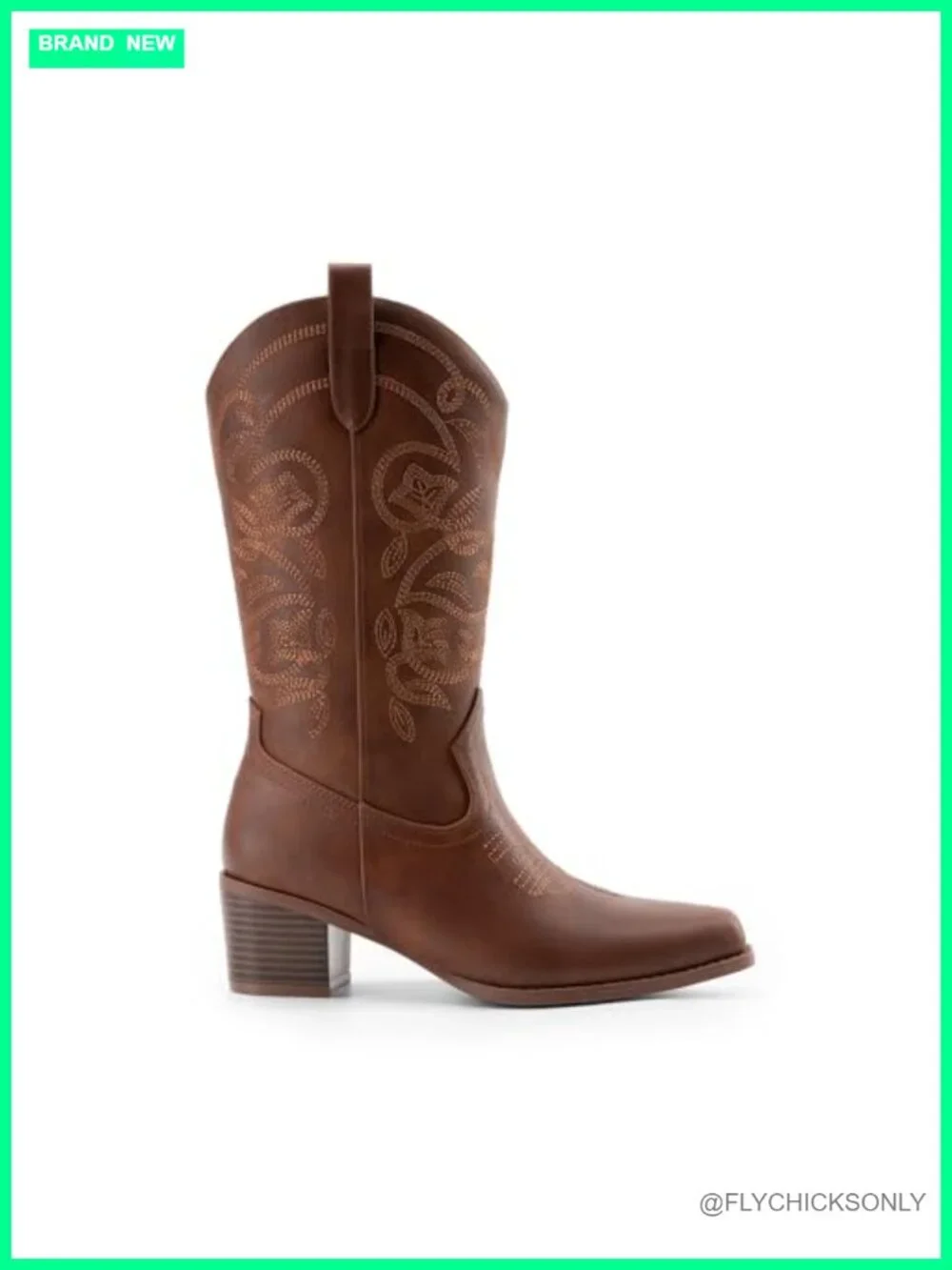 Women's Square Toe Chunky Heel Western Cowboy Booties Slip On Faux Leather